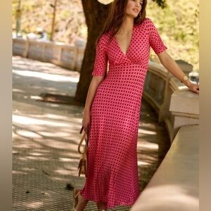 BODEN 6 v-neck red pink dress sustainable Rebecca Jersey Midi Tea Passion Geo